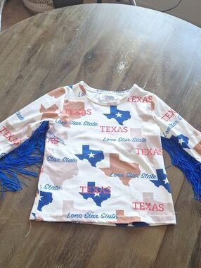 Texas Print Fringe Sleeve Kids Top - Blue & Tan
